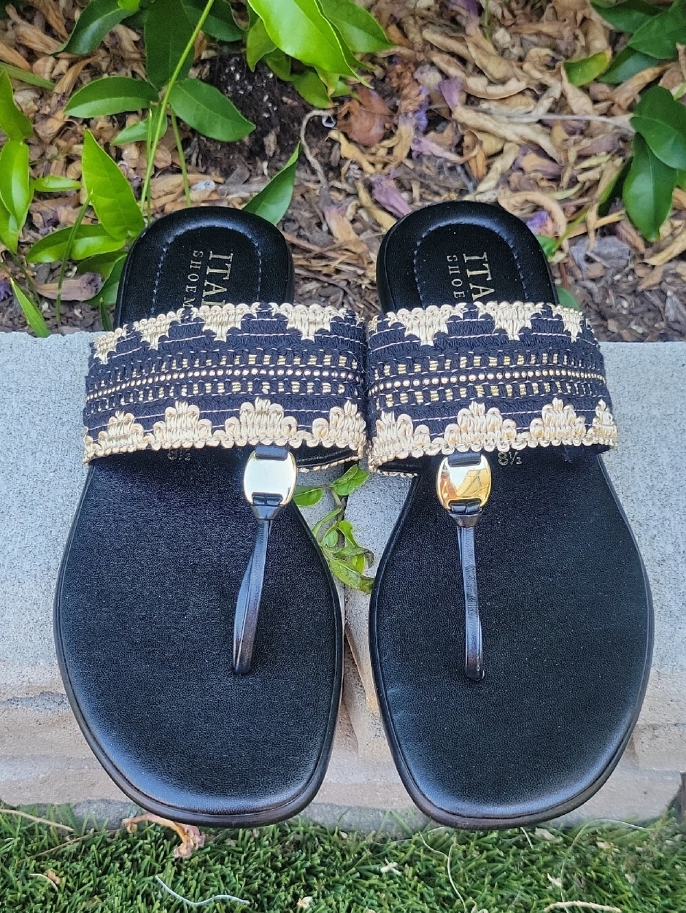 Italian Shoemakers Black & Tan Embroidered Sandals With Gold Bead Embellishment